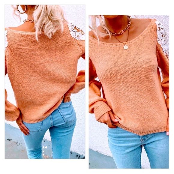 NWT! SCOOP NECK CONTRAST LACE CUT OUT SLEEVE DETAIL SWEATER IN LIGHT ORANGE 🍊! - Picture 6 of 13